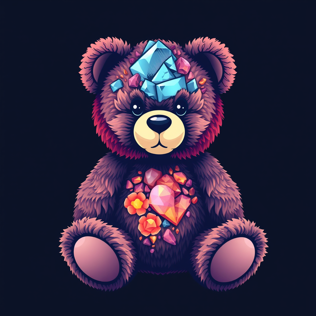 A tee shirt design of a teddy bear whose entire body and head are perfectly blended with a beautiful mineral.