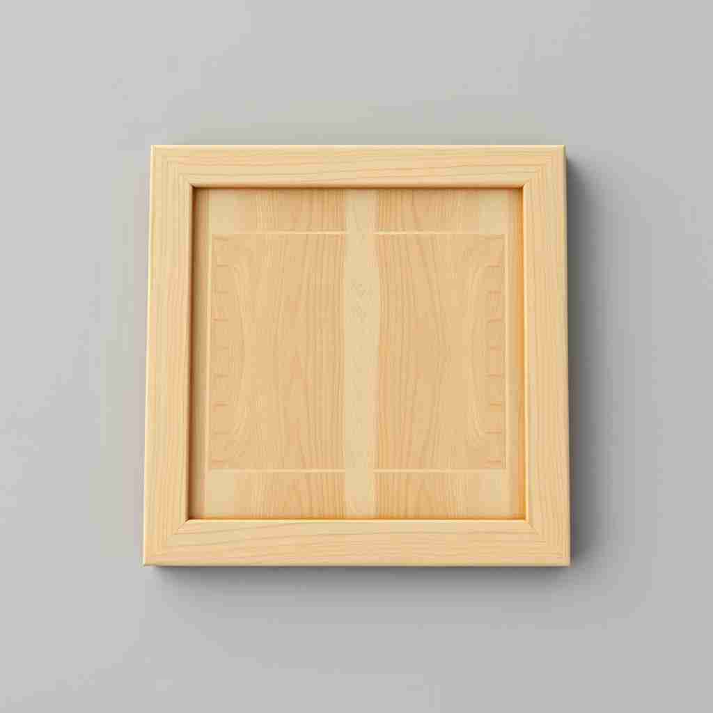 The image presents a 3D rendering of a board. The game board, made of wood, is the central focus of the image. It is a square board with a wooden top and a wooden bottom.