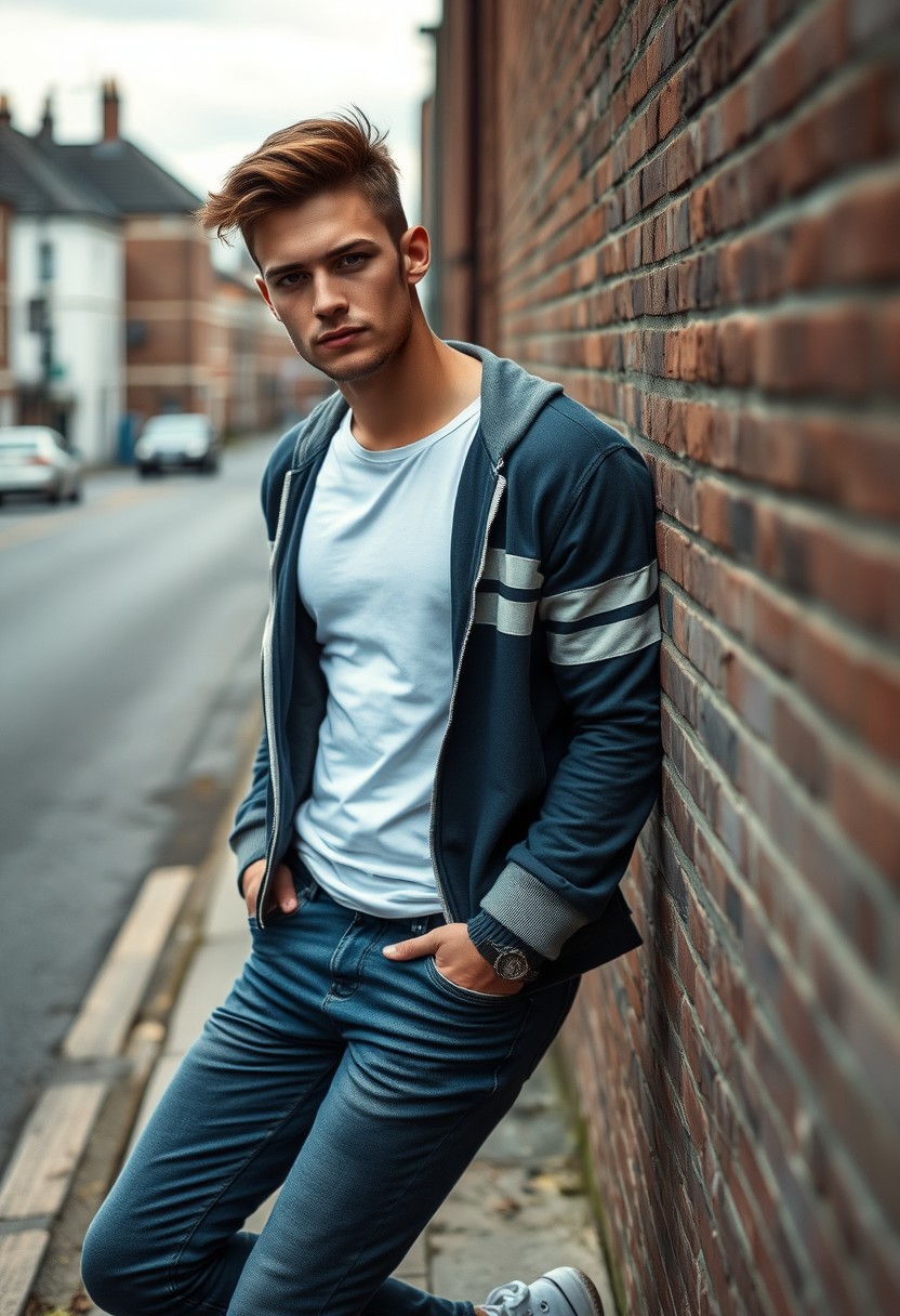 Jamie Dornan head and body shot, handsome, young, serious face, dark brown hair, white t-shirt, college jacket, skinny jeans, sneakers, standing in a hot style, flirting face smile, near town road, leaning against a wall, hyper realistic, street photography, brick wall, full body photo. - Image