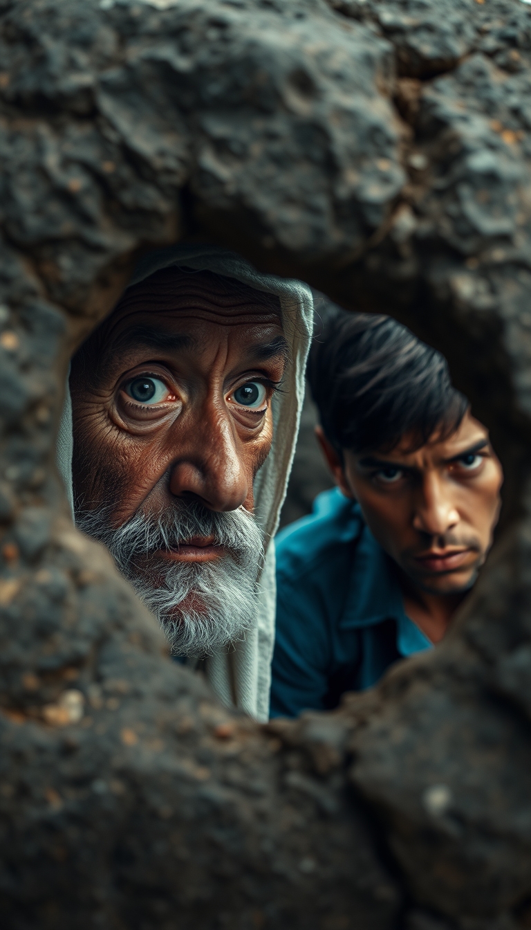 "An elderly man with a weathered face and a white headscarf looks intently through a small opening in a rock, his eyes wide with curiosity or concern. Behind him, a younger man with short hair and a blue shirt also peers through the opening, sharing the same expression of awe or fear. The scene is set within a rocky environment, suggesting a sense of mystery or discovery." - Image