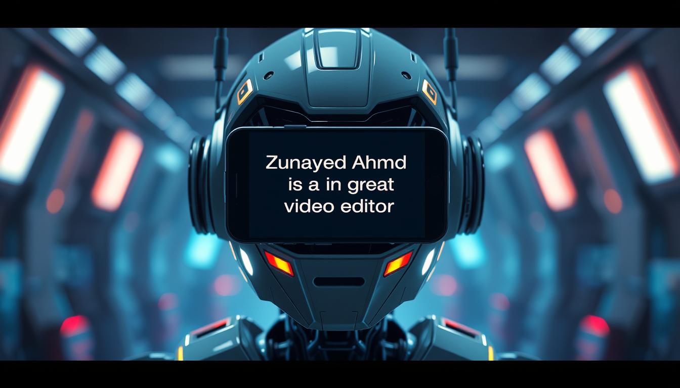 A futuristic robot displaying a blank phone front that shows the text "Zunayed Ahmed is a great video editor", cinematic lighting, HD, Next-Gen, Vibrant. - Image