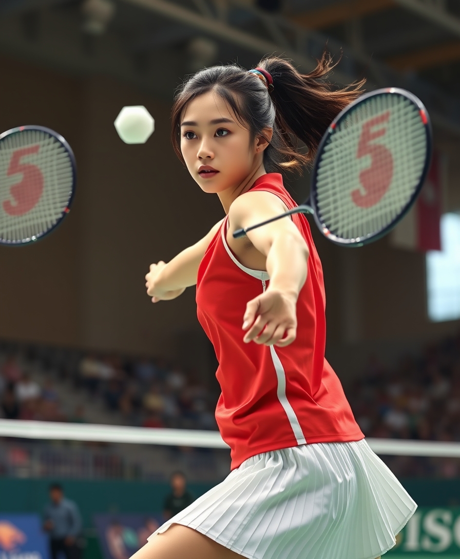 A detailed, realistic portrait of a young woman playing badminton in an indoor sports arena. The woman is wearing a bright red jersey and is mid-swing, her body in a dynamic, athletic pose as she focuses intently on the shuttlecock. The background is blurred, with glimpses of the court, net, and spectator stands visible. The lighting is natural and directional, creating shadows and highlights that accentuate the woman's features and muscular definition. The overall composition conveys a sense of energy, movement, and the intensity of the game. The image is highly detailed, with a photorealistic quality that captures the textures of the woman's clothing, skin, and the badminton equipment.
A woman with a beautiful face like a Japanese idol; she is wearing a white pleated skirt.

Badminton rackets and shuttlecocks with dynamic swings and motion blur. 
Depiction of the human body with a flawless personality. - Image