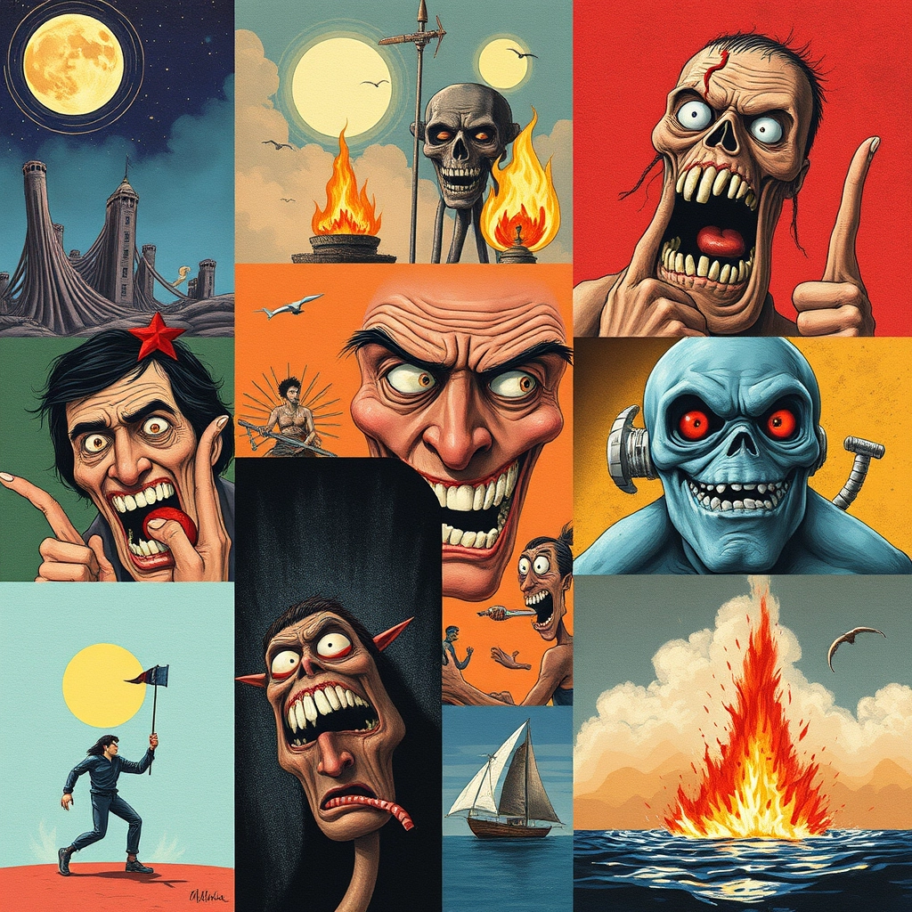 Collage of different crazy terrible illustrations