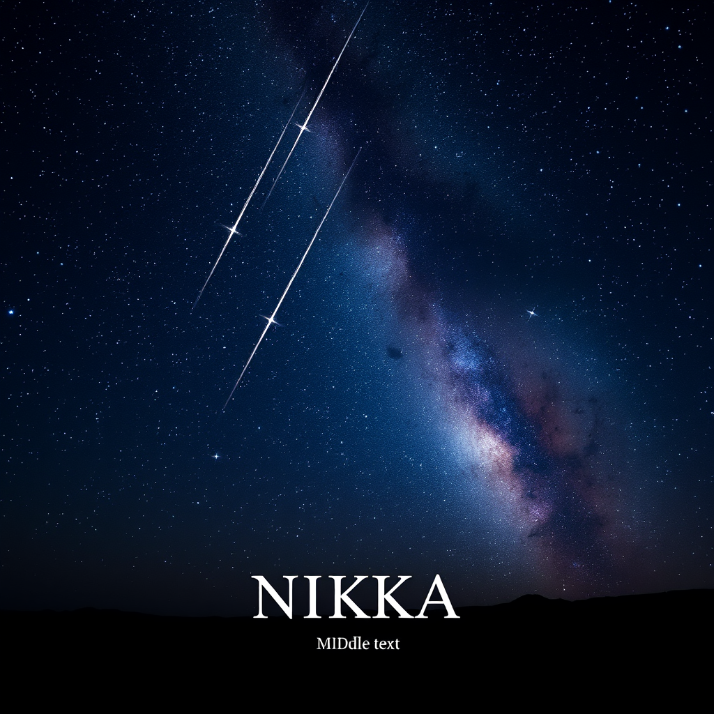 "Stars in the night sky, shooting stars, the Milky Way, the purple land star seen from afar, 'NIKKA' title text, page of middle text." - Image