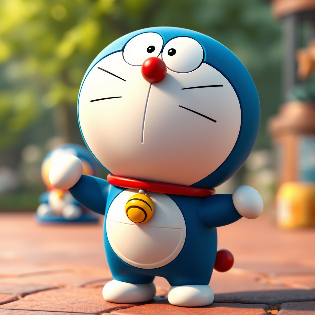 Pixar style, mouth open smiling Doraemon, standing, hyper-realistic camera style, lifelike details, high-resolution texture, vivid colors, sharp focus, natural lighting, photorealistic quality, cinematic depth of field, true-to-life portrayal, full body, Doraemon 2 style.