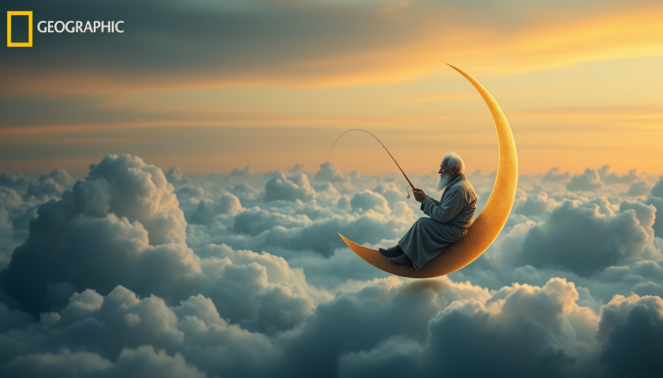 An old man sits serenely on a crescent moon, fishing among the clouds. The scene has an evening, tranquil atmosphere. It’s dreamy and whimsical. Deep depth of field, photography, Natural Geographic photo, hyper-realistic, 16k resolution, masterpiece, award-winning artwork, many details, extremely detailed, full of details, wide range of colors, high dynamic.