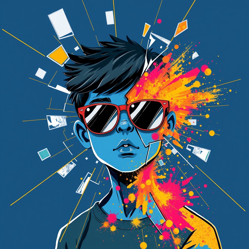 A boy with blue skin and an abstract broken face, wearing sunglasses, surrounded by glass breakage and gold lines in a dark blue background, with a colorful explosion of the spillage of powder. Illustration style, Andy Warhol style, Picasso style.