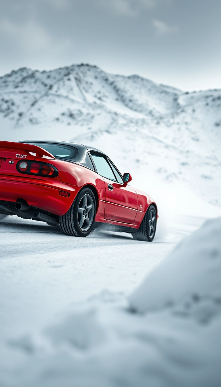 Create an image of a red 1991 Mazda MX-5 drifting on a snowy mountain.