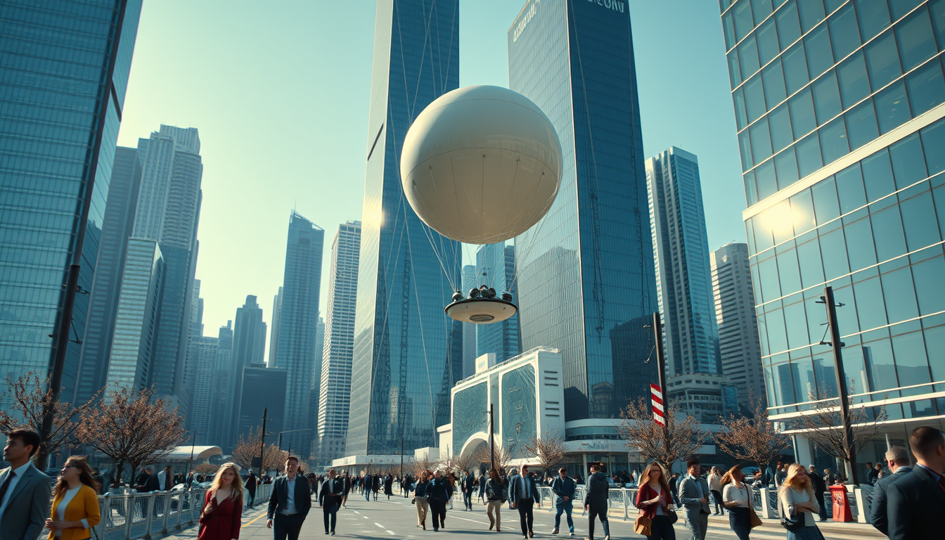 Create a stunning high-resolution image of a futuristic city. The skyline should be covered with towering skyscrapers. Include a light-coloured elliptical balloon-type robot hurtling through the air, with tiny black balancers on either side of the balloon; no ropes should appear. The streets should be bustling with people dressed in fashion-forward fashions. Highlight the small balloon-type robot, performing its rounds in the sky, and the beautiful sunlight reflecting on the glass surfaces of the buildings, creating an atmosphere of excitement and innovation. Very clear and realistic details, complementary colours, optimal quality. - Image