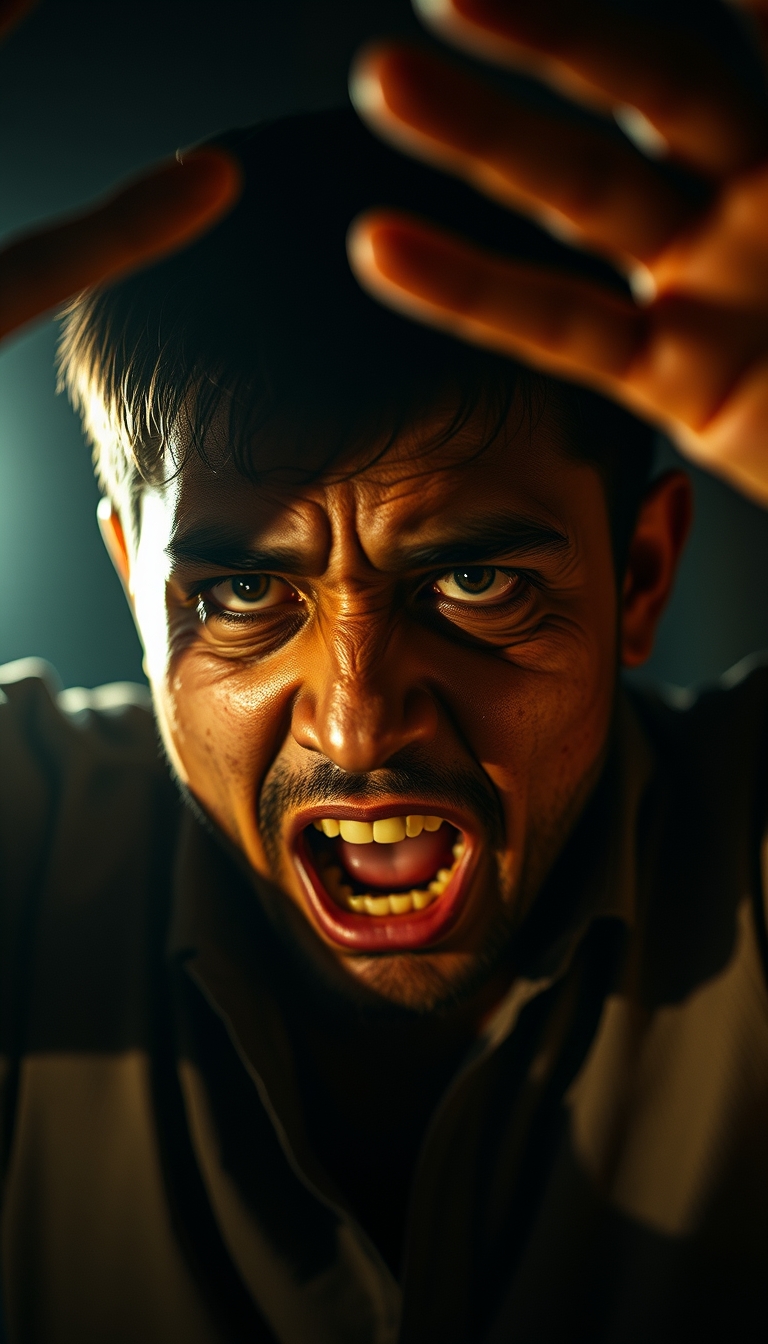 Malay guy demonic possession scene, exorcism horror style, intense expressions. Shadow casting, golden hour, bokeh, zombie face.