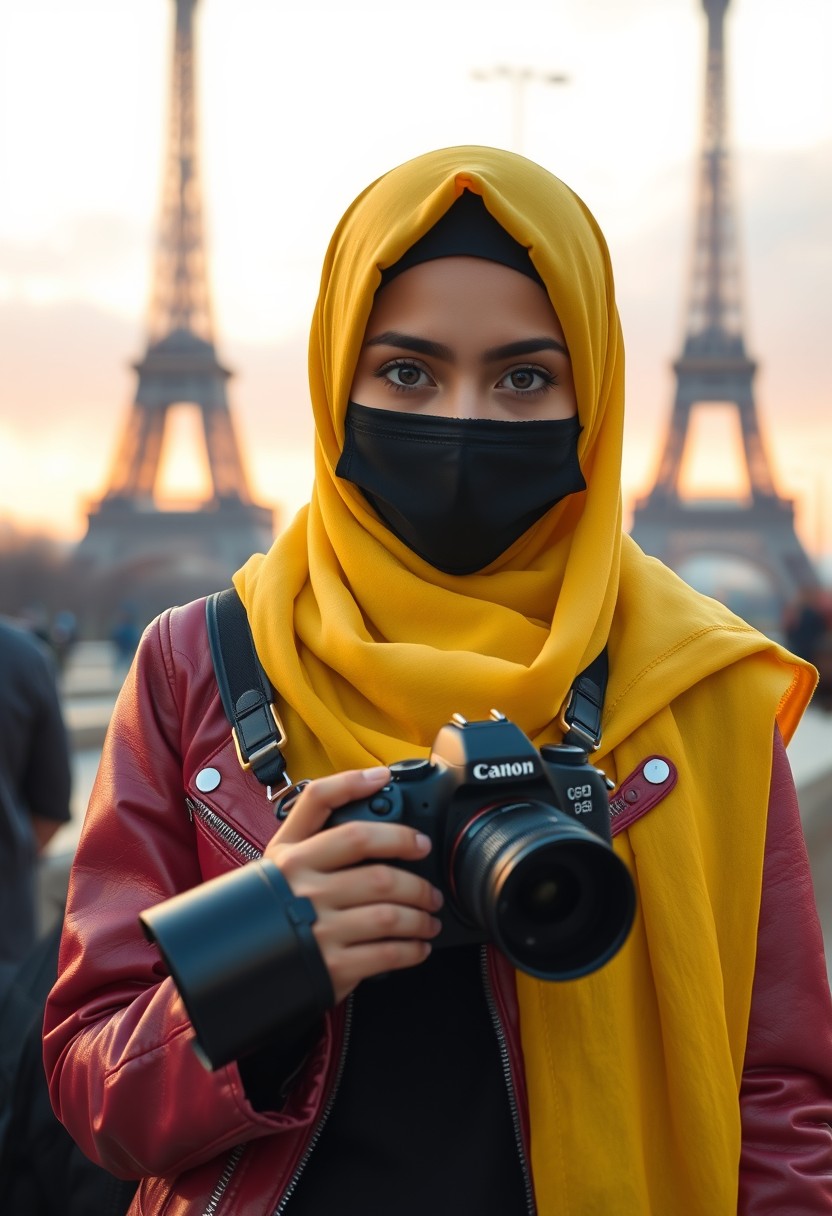 Biggest hijab yellow Muslim girl, beautiful eyes, face mask black, red leather jacket, biggest skirt, holding a DSLR Canon camera, sunrise, morning scenery, Eiffel Tower, hyper-realistic, street photography. - Image