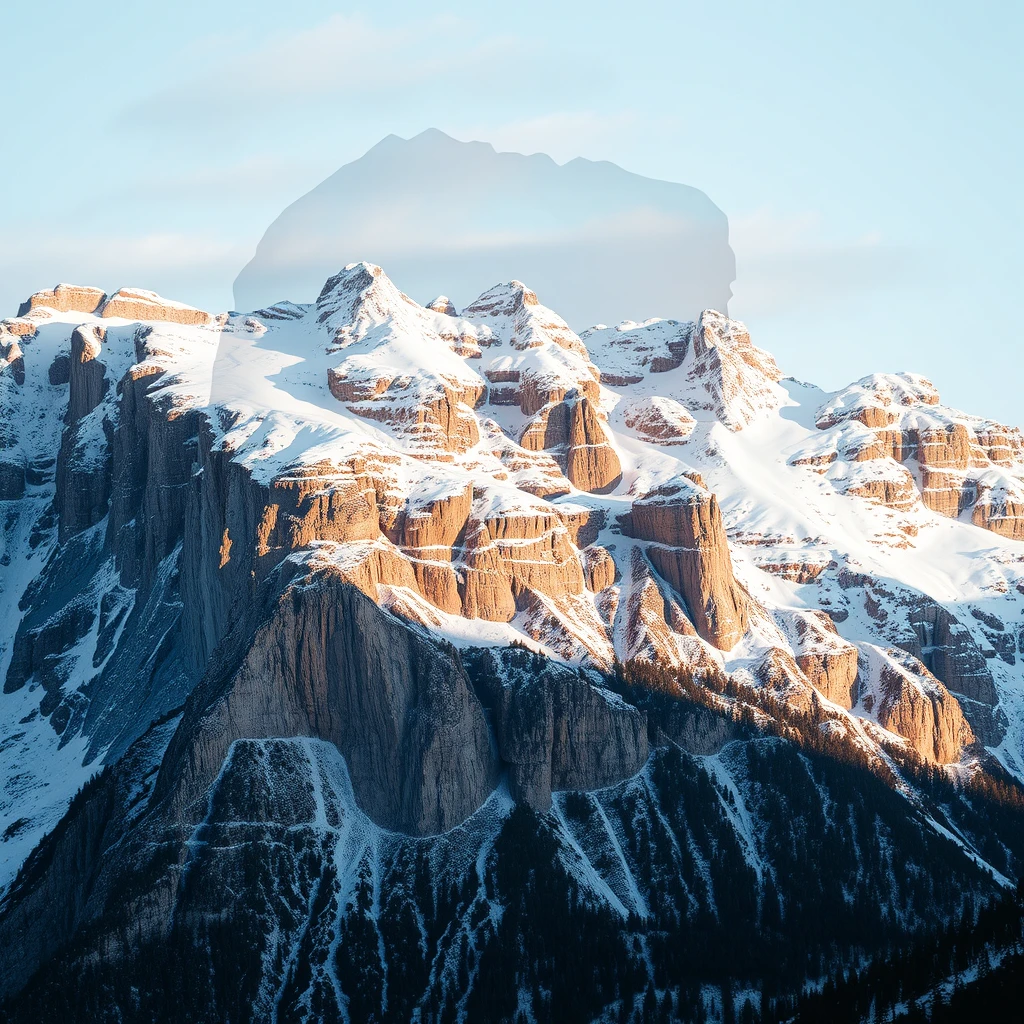 "[Abstract style covering snowy cliffs] within the contour of a [man's head silhouette], this is a double exposure photo. Non-figurative, colors and shapes, emotional expression, imaginative, very detailed." - Image