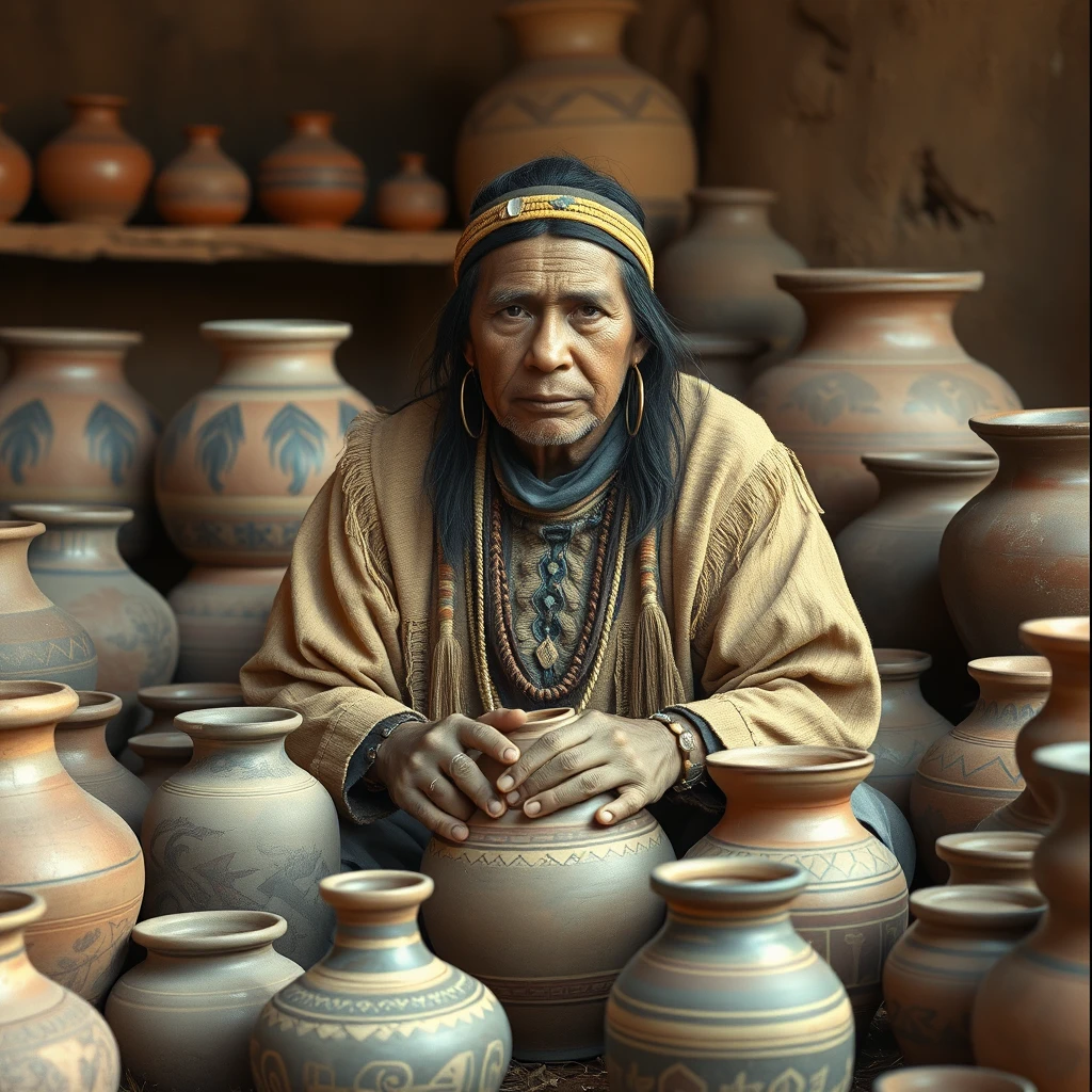 photorealistic image of Navajo potter surrounded by his pots - Image