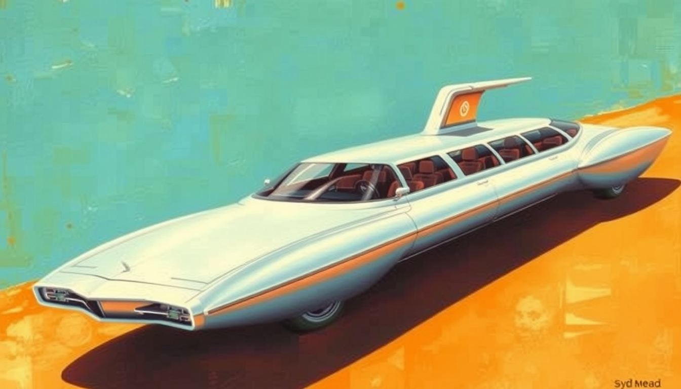 A futuristic exotic limo concept, a painting by Syd Mead, 4k, detailed, circa 1970. - Image