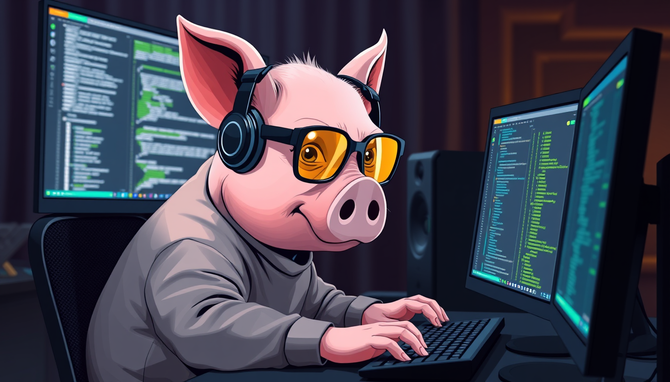 A tech-savvy pig coder, wearing yellow-tinted glasses and sleek noise-cancelling headphones, hunches over a cutting-edge multi-monitor setup. The anthropomorphic pig exudes focus, typing furiously.