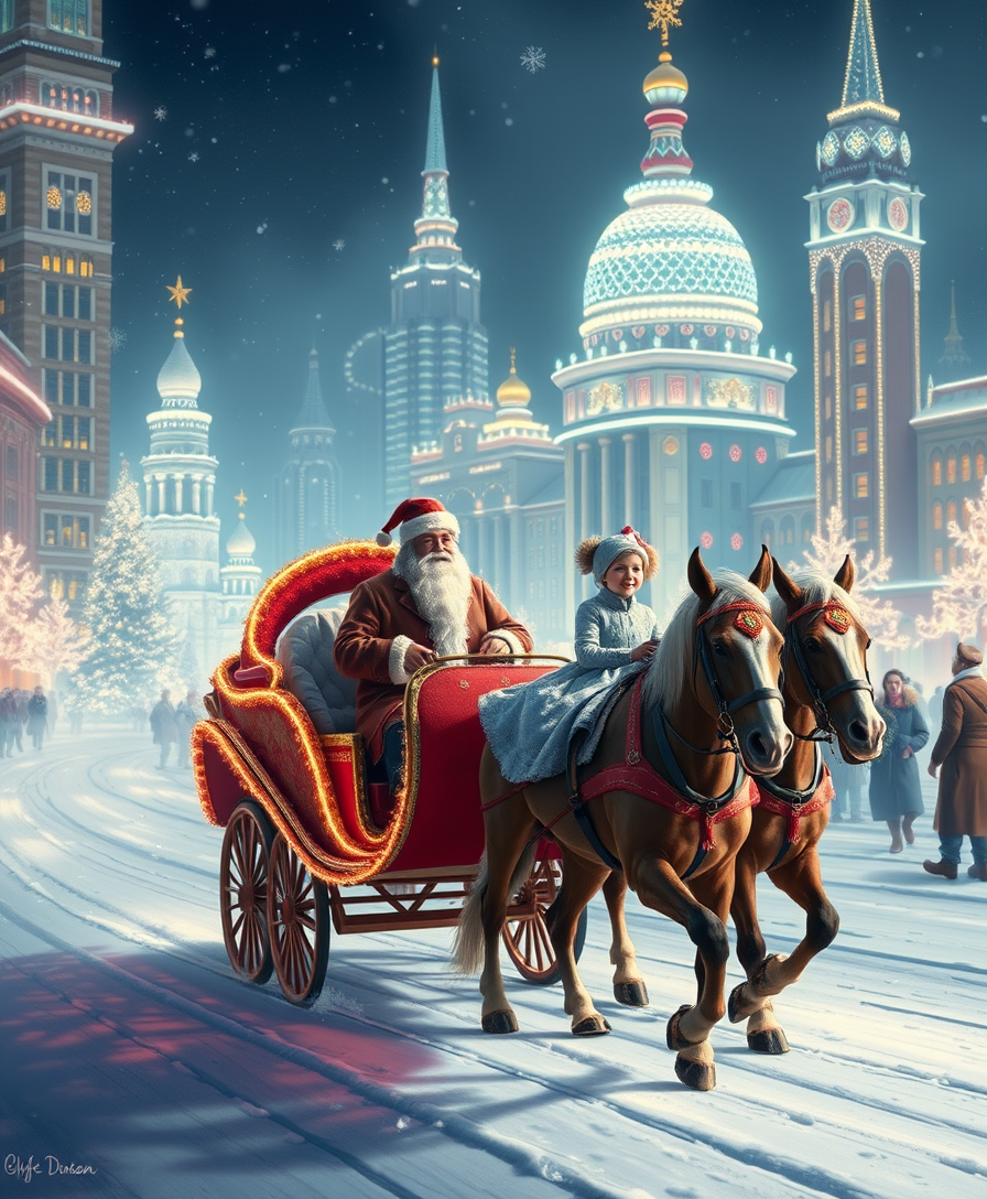 Russian Snow Grandfather and charming Snow Maiden ride in a festive carriage pulled by a Russian three-horse team through a futuristic city decorated with Christmas lights.