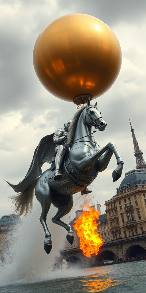 Low angle shot of a monumental giant perfect smooth gold sphere with a fiber texture flying above in the sky, elevated like an air balloon by a giant flame underneath, floating over vintage Paris in the style of the Universal Exhibition 1900, with a retro-futuristic aesthetic. Giant waves flood the city as a mechanical knight of the apocalypse rides a silver mechanical horse in shining silver armor, emerging proudly from the Seine at a gallop, slicing through the water under a stormy sky, in a doomsday, apocalypse theme. Steampunk, backlit, with mist and fire embers, presented in a pop rock fluo collage of sci-fi steampunk machinery, extra dust particles, cloud, octane render, and paper art ink art reminiscent of Méliès and Jules Verne.