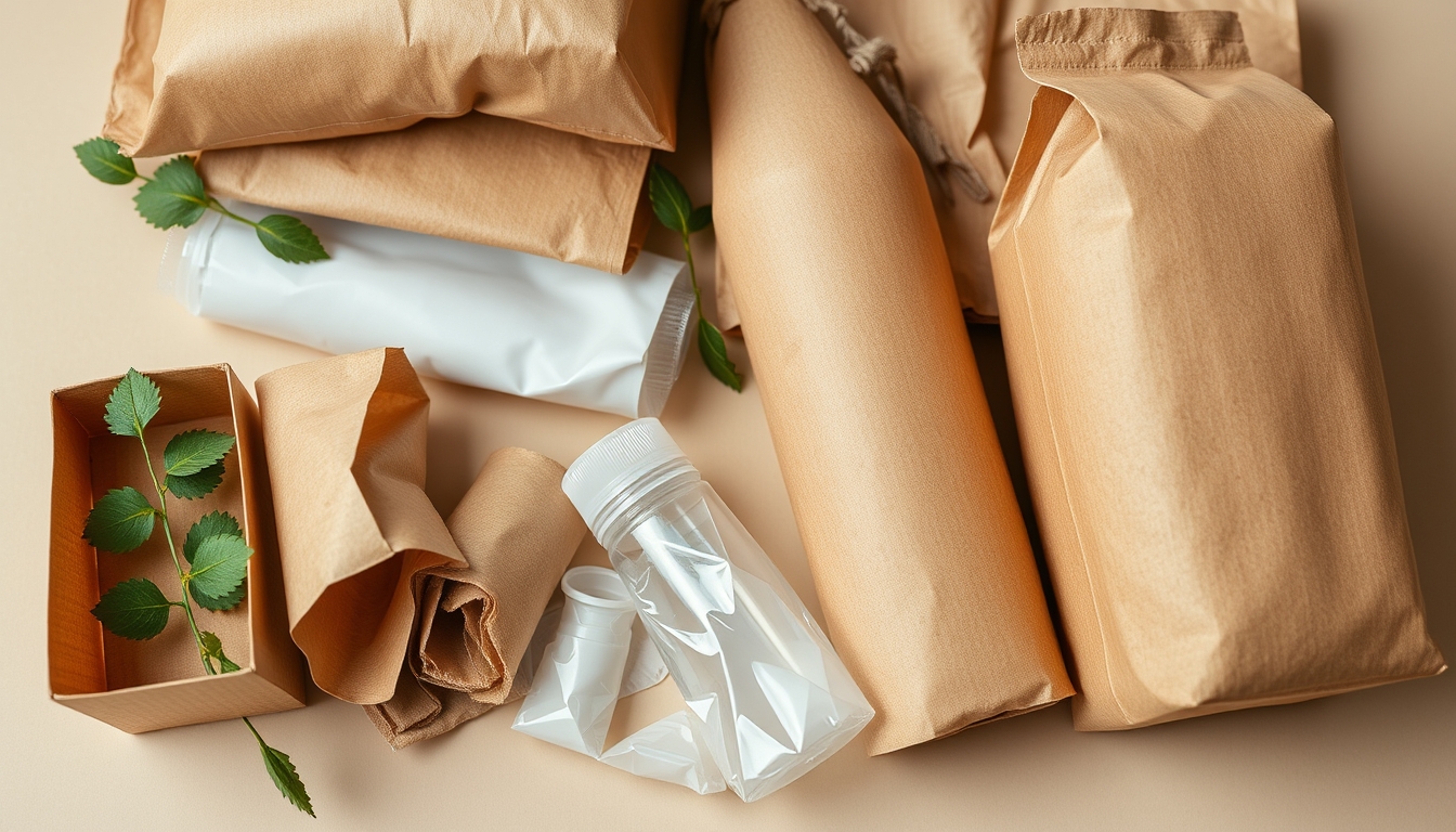 A detailed close-up of sustainable packaging materials, including cardboard, paper, and biodegradable plastics, arranged aesthetically on a neutral background. - Image