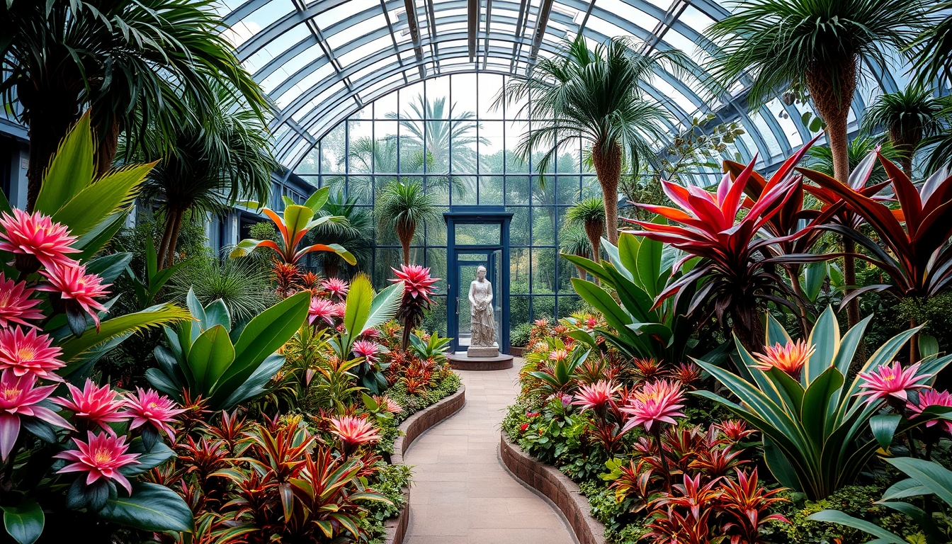 A stunning glass-enclosed botanical garden, filled with exotic plants and flowers.