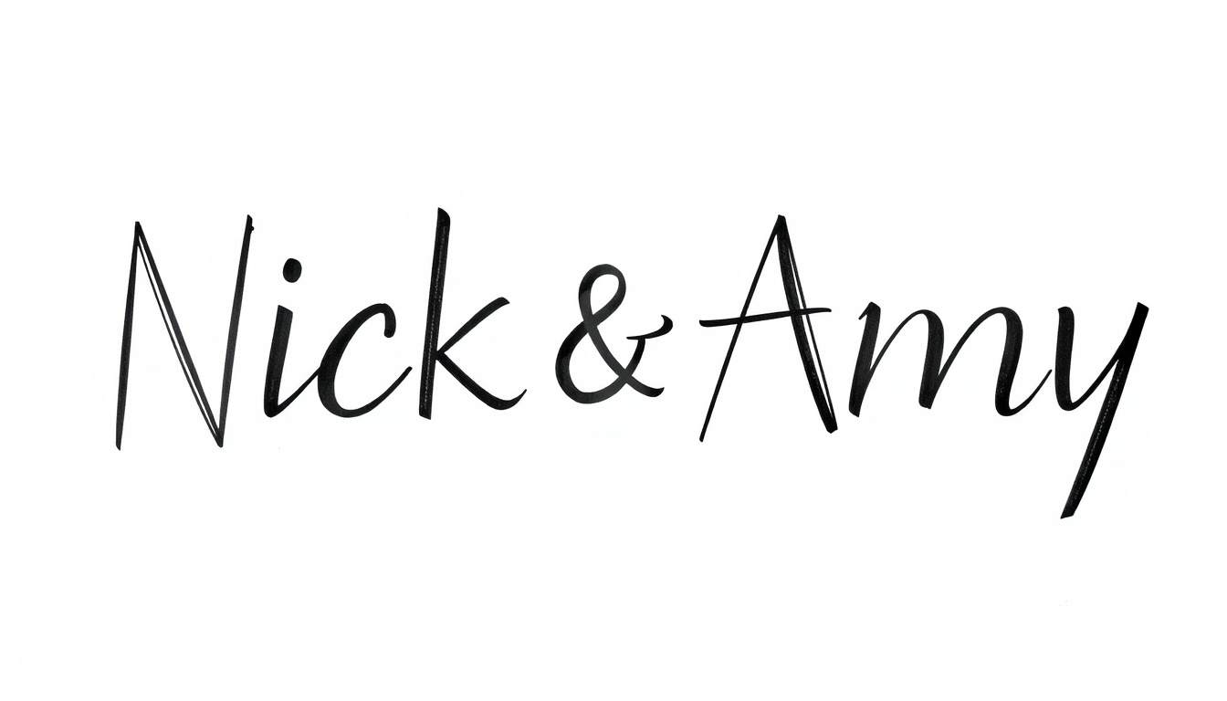 Geometric Precision: "Render the names 'Nick & Amy' in a geometric pen and ink design, using sharp black lines and angles. The lettering is set against a bright white background, where the precision of each line is highlighted, free from any shadows."