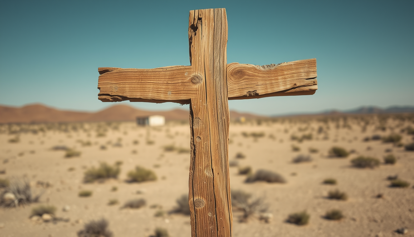 A wooden cross that is crumbling with visible signs of bad fungal degradation, wet rot, and dry rot. The cross is standing in a barren desert landscape. The overall feel is depressing and desolate. - Image