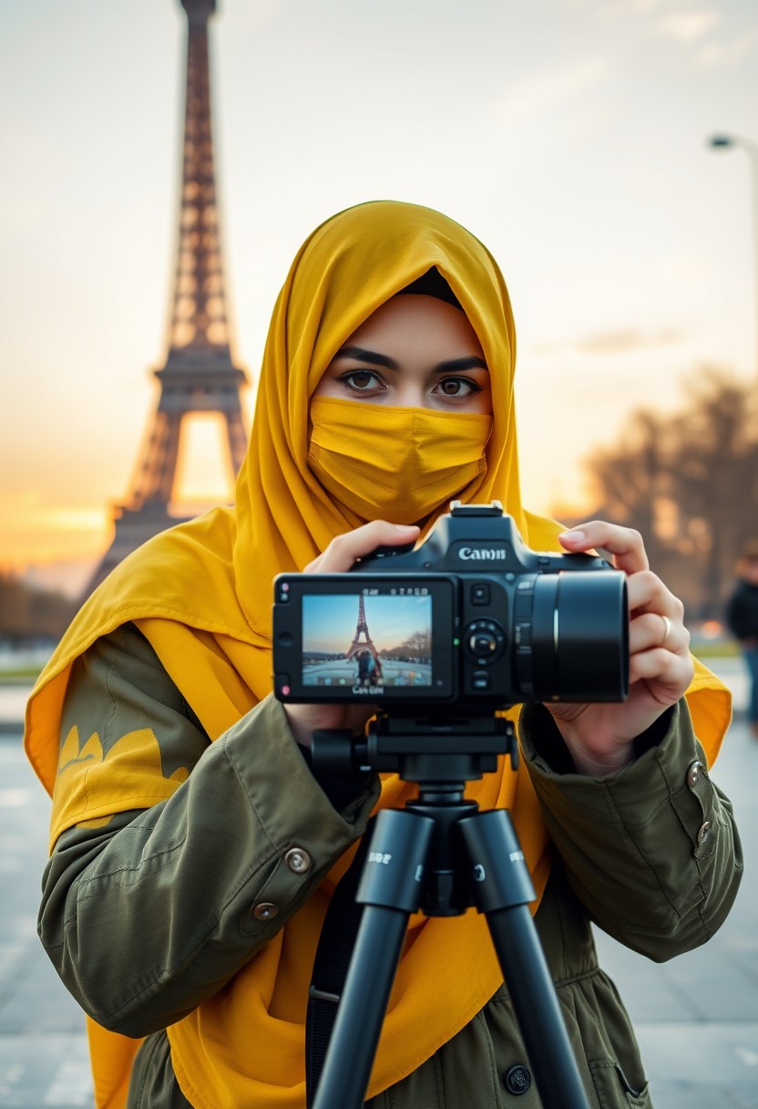 Biggest hijab yellow Muslim girl, beautiful eyes, face mask black, green army leather jacket pattern, biggest skirt, camera dslr canon, tripod, taking photos of Eiffel Tower, sunrise, morning scenery, hyper realistic, street photography.