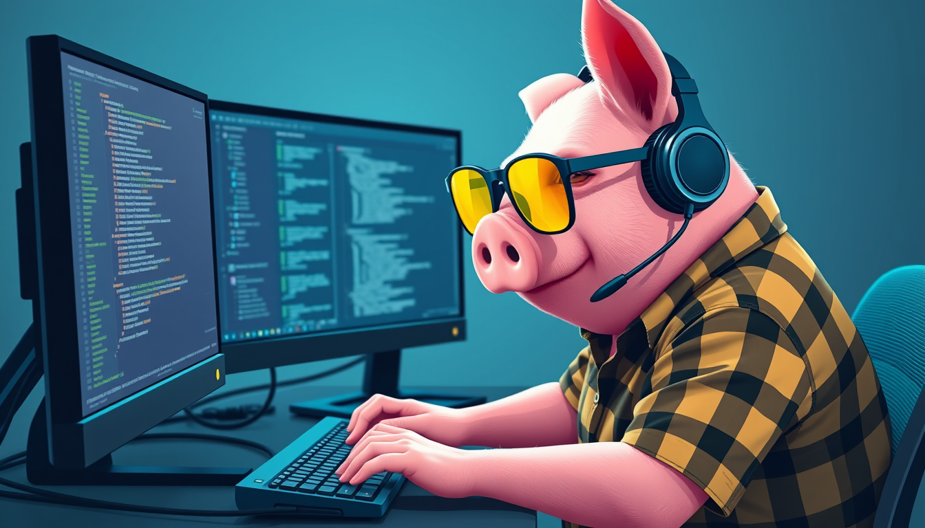 A tech-savvy pig coder, wearing yellow-tinted glasses and sleek noise-cancelling headphones, hunches over a cutting-edge multi-monitor setup. The anthropomorphic pig exudes focus, typing furiously while dressed in a plaid t-shirt.