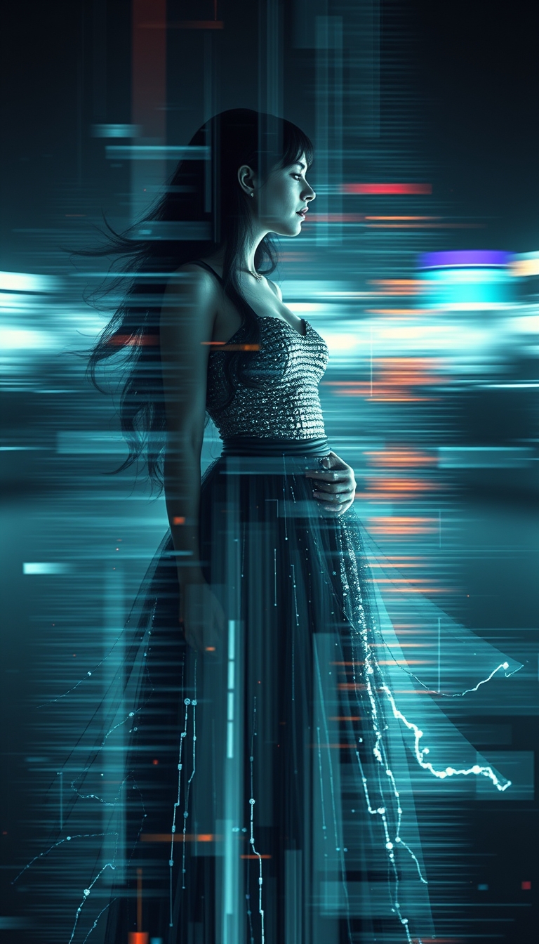 (flowing glitch:1.2),(tightly composed scenes:1.3),long exposure,  
(perfect anatomy:1.2), ← I feel this is important  
BREAK  
(double exposure style:1.1),girl in shiny gothic dress,complex,(motion blur:1.2),(double image ghost effect, image combination, double exposure style:1.2) . intricate,abstract,patterned,meditative,highly detailed,silvery,silver world,Similarity with inner beauty,Dynamic Composition,  
change and eternity,  
BREAK  
1girl, appearance etc.  
BREAK  
colorful,mondrian,(electronic circuit:1.2),(cyber punk:1.2),neon,(black light effect:1.2),X-ray,(galaxy:1.3),(space:1.2),   - Image