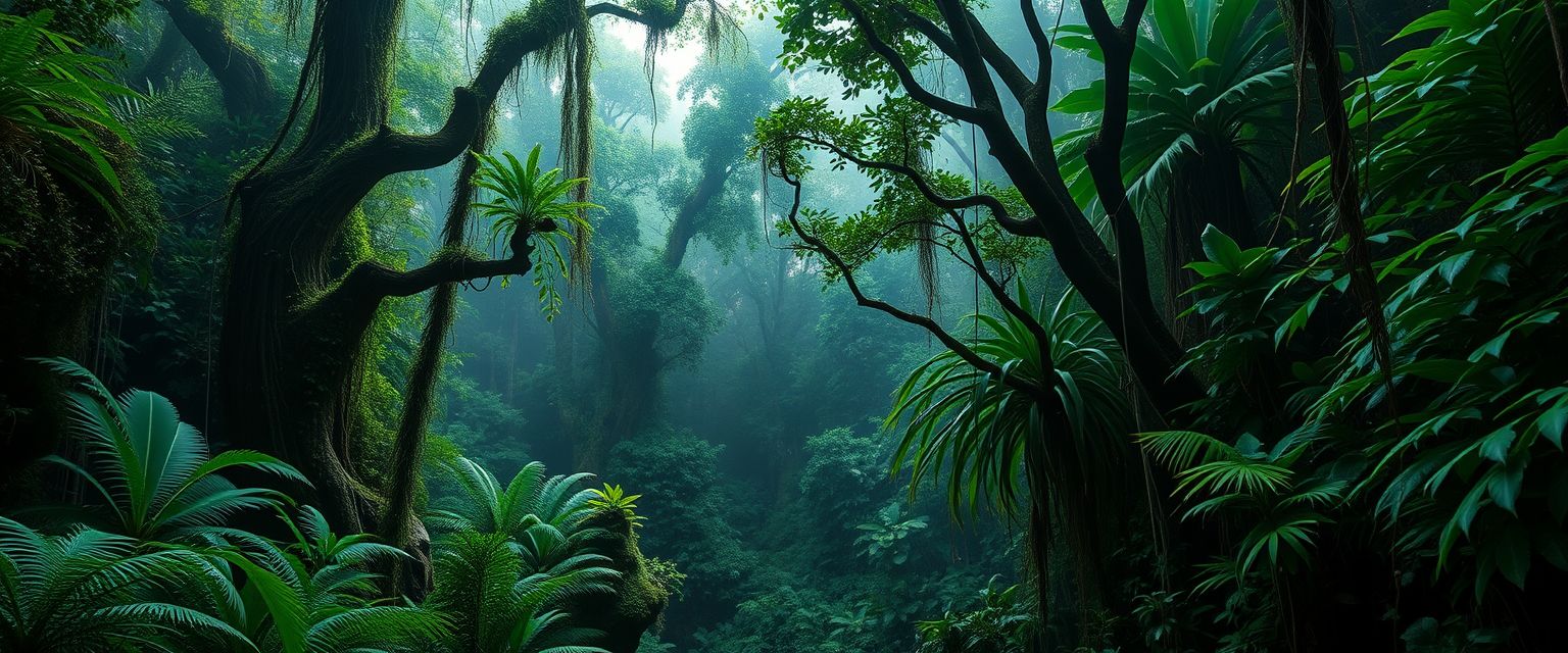 Lush, tropical rainforest, dense foliage, high quality, photorealistic, vibrant, breathtaking, misty, emerald green, ancient trees, hidden trails, tree frogs, vibrant orchids, hanging vines, moss-covered rocks, canopies, wildlife sanctuaries.