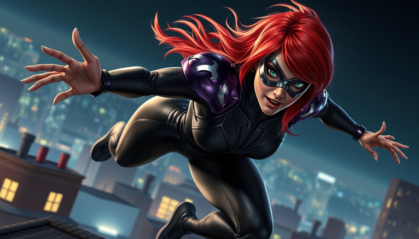 red head with dark green eyes, metallic eye mask, a black spandex outfit with dark purple armor on her shoulders, jumping rooftops in the night sky, realistic and dynamic appearance - Image