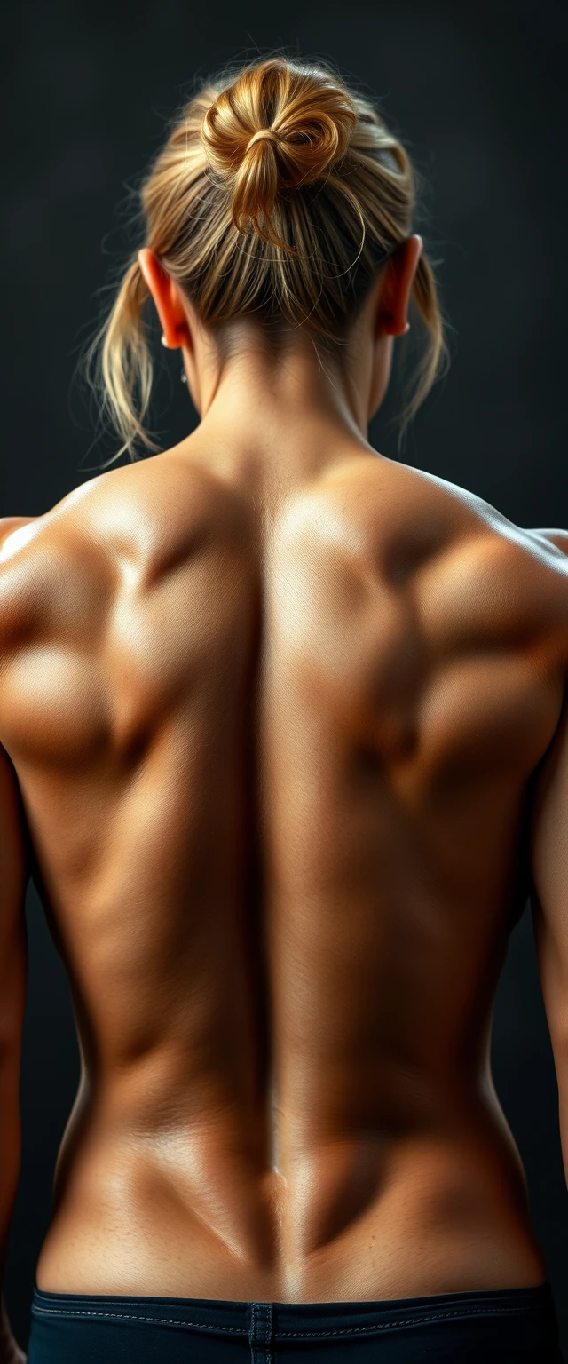 Close-up photo of the super muscular back of a big, beautiful, tall muscular woman.