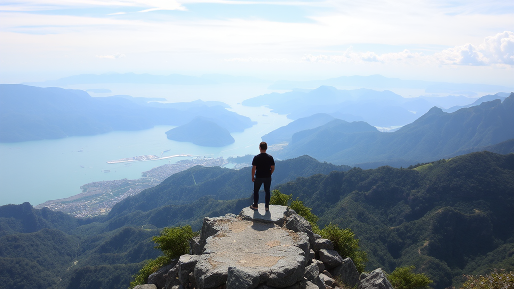 A person standing on top of a mountain with a view of the ocean and mountains, Li Shan, Pexels contest winner, standing on a mountain, standing on a mountain top, a wanderer on a mountain, standing in front of a mountain, on deep forest peak, on the top of a mountain. - Image