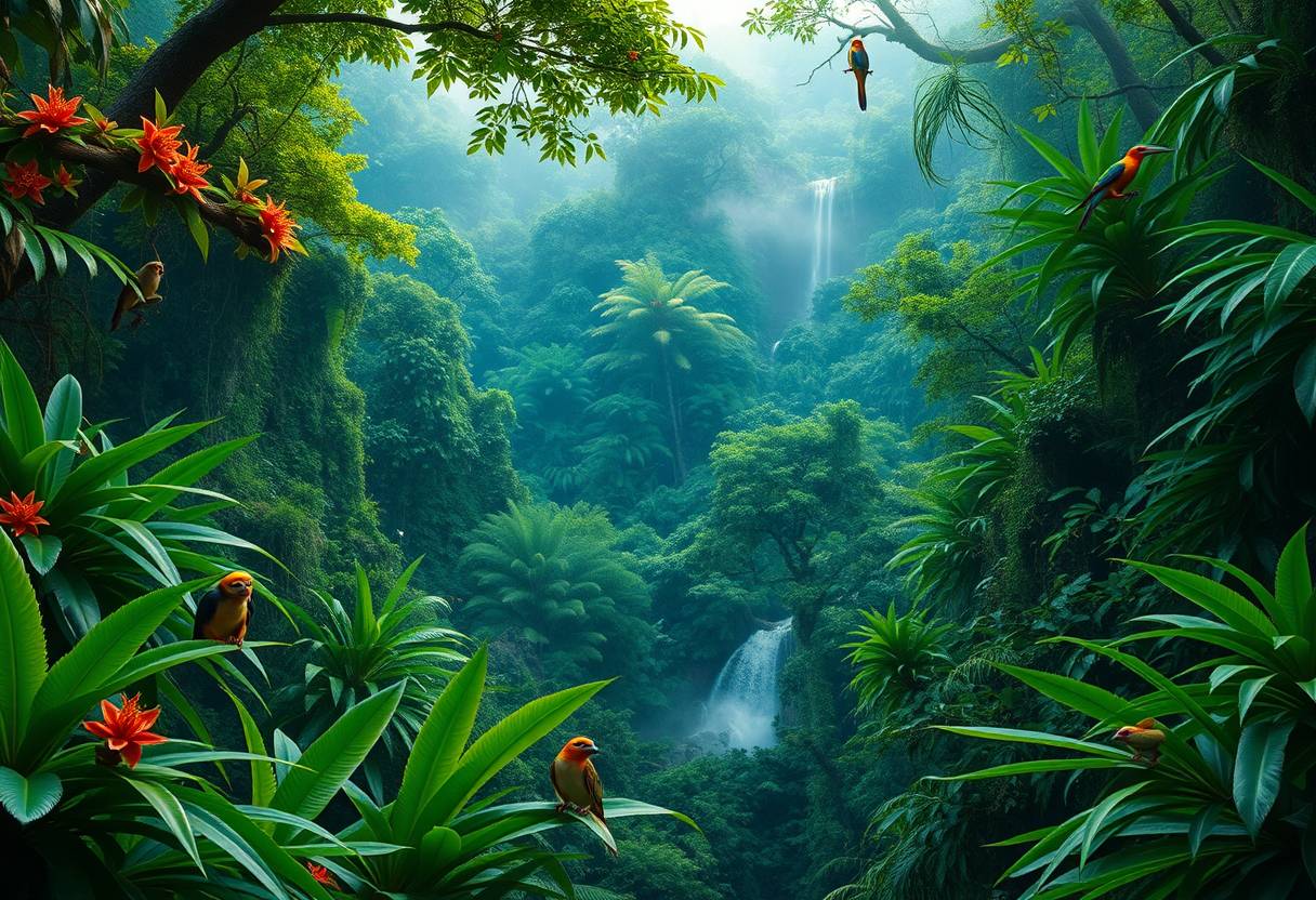 Lush, tropical rainforest, dense foliage, diverse wildlife, exotic birds, high quality, photorealistic, vibrant, breathtaking, waterfalls, misty, emerald green, ancient trees, hidden trails, untouched::0.6 monkeys, tree frogs, vibrant orchids, hanging vines, moss-covered rocks, canopies, wildlife sanctuaries