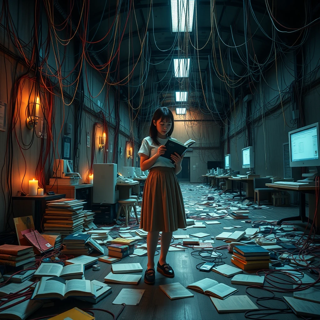 A real-life photograph, wide shot, of a Japanese female student in a skirt in a large hall, where some books are scattered messily, and many wires of varying thicknesses are on the floor and in the air, including red, blue, yellow, and other colors. There are some computer screens as well. The lighting is dim, with some candles lit. She is in one corner of the hall, reading a book. - Image