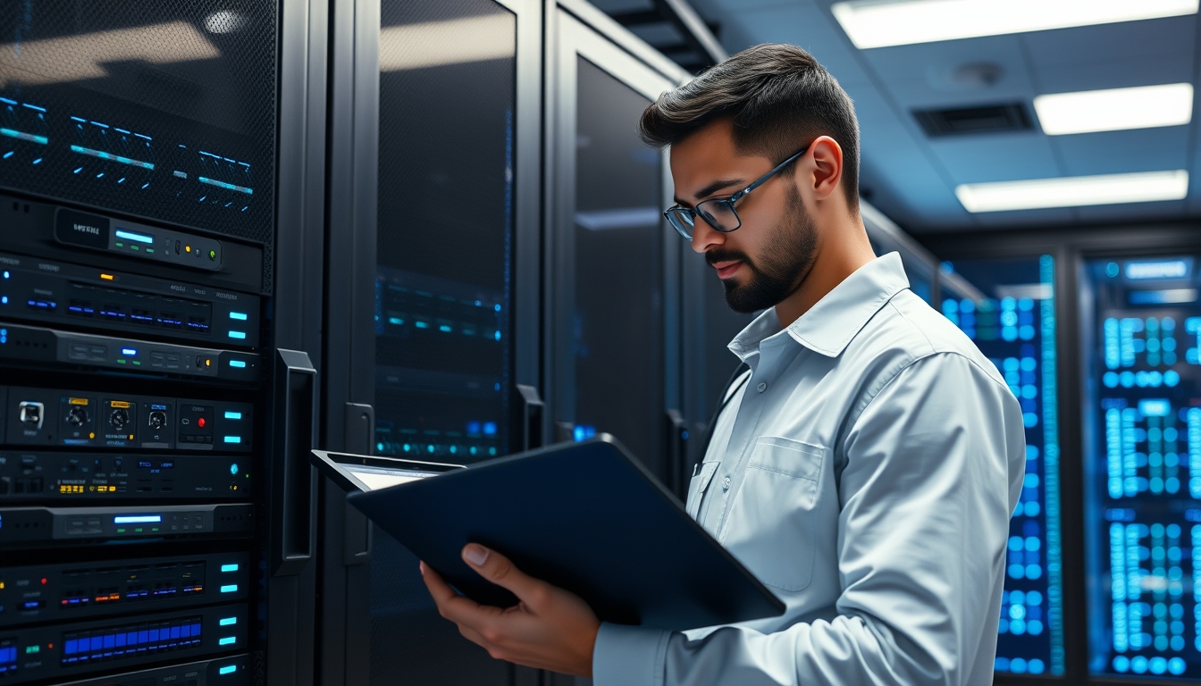 Technician inputting data on a digital tablet in a modern server room with high-tech equipment and blue LED lights, focused on network maintenance and IT infrastructure management.