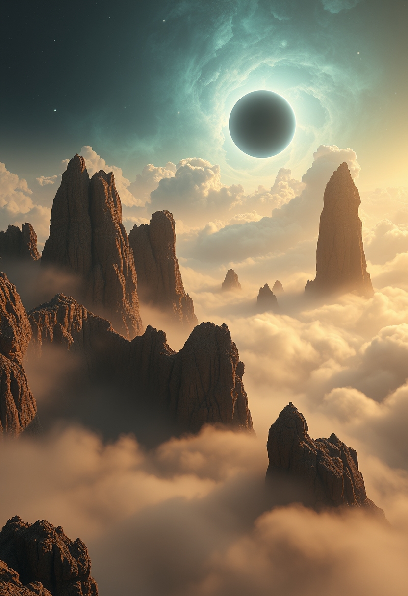 A mysterious planet filled with thick gas fog, in the sky there is a supermassive black hole, rocks floating without gravity, a stunning and spectacular view, with towering rock formations carved by the wind and erosion illuminated by the light, the sky filled with mysterious nebula clouds. Masterpiece, extremely detailed. - Image