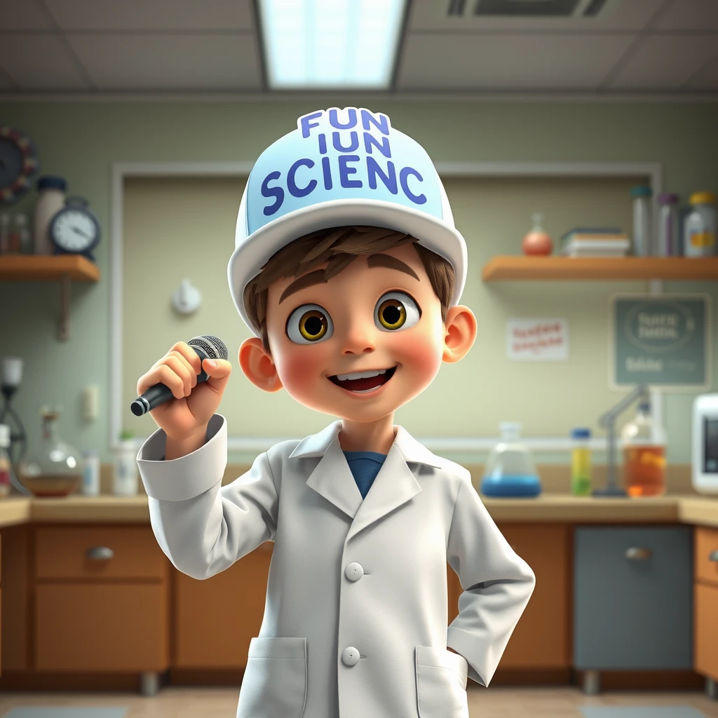 “In the science lab, a cute 12-year-old boy wearing a lab coat and a hat that says 'FUN SCIENCE', striking a singing pose with a microphone in one hand, in a Pixar animation style.”