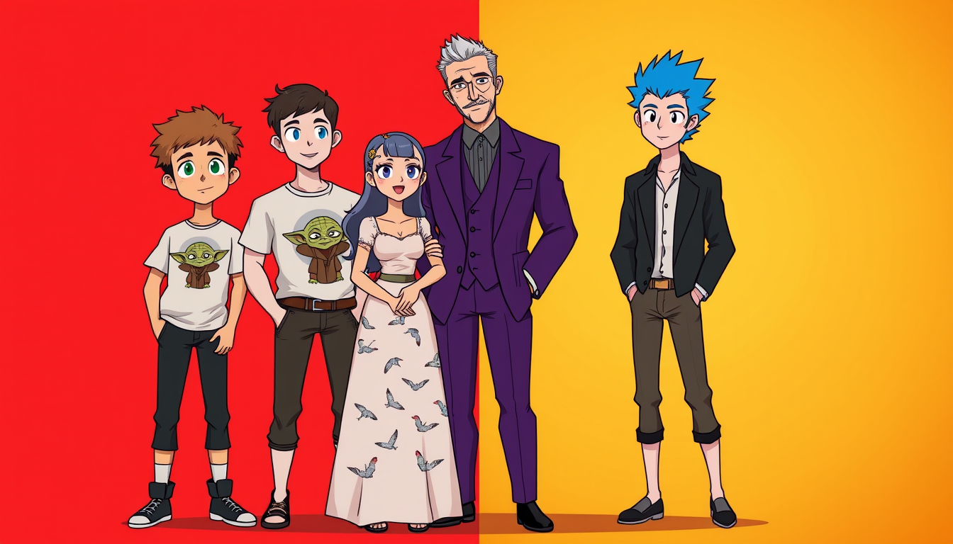 A cartoon style of five men is standing together against a backdrop that is divided equally in half down the middle; the left side is red, and the right side is gold. The young man is wearing a t-shirt with a Yoda motif, she has a long skirt with birds on it, the man is wearing a three-piece purple suit, and he has spiky blue hair. - Image