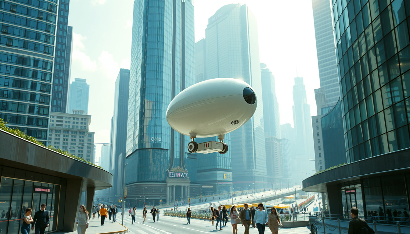 Create a stunning high-resolution image of a futuristic city. The skyline should be covered with towering skyscrapers. Include a light-colored elliptical balloon-type robot hurtling through the air, with tiny black balancers on either side of the balloon; no ropes should appear. The streets should be bustling with people dressed in fashion-forward styles. Highlight the small balloon-type robot, performing its rounds in the sky, and the beautiful sunlight reflecting on the glass surfaces of the buildings, creating an atmosphere of excitement and innovation. Very sharp and realistic details, 32K. - Image