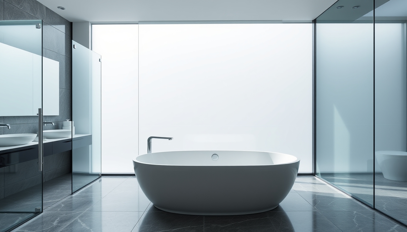 A sleek modern bathroom with glass walls and a luxurious soaking tub.