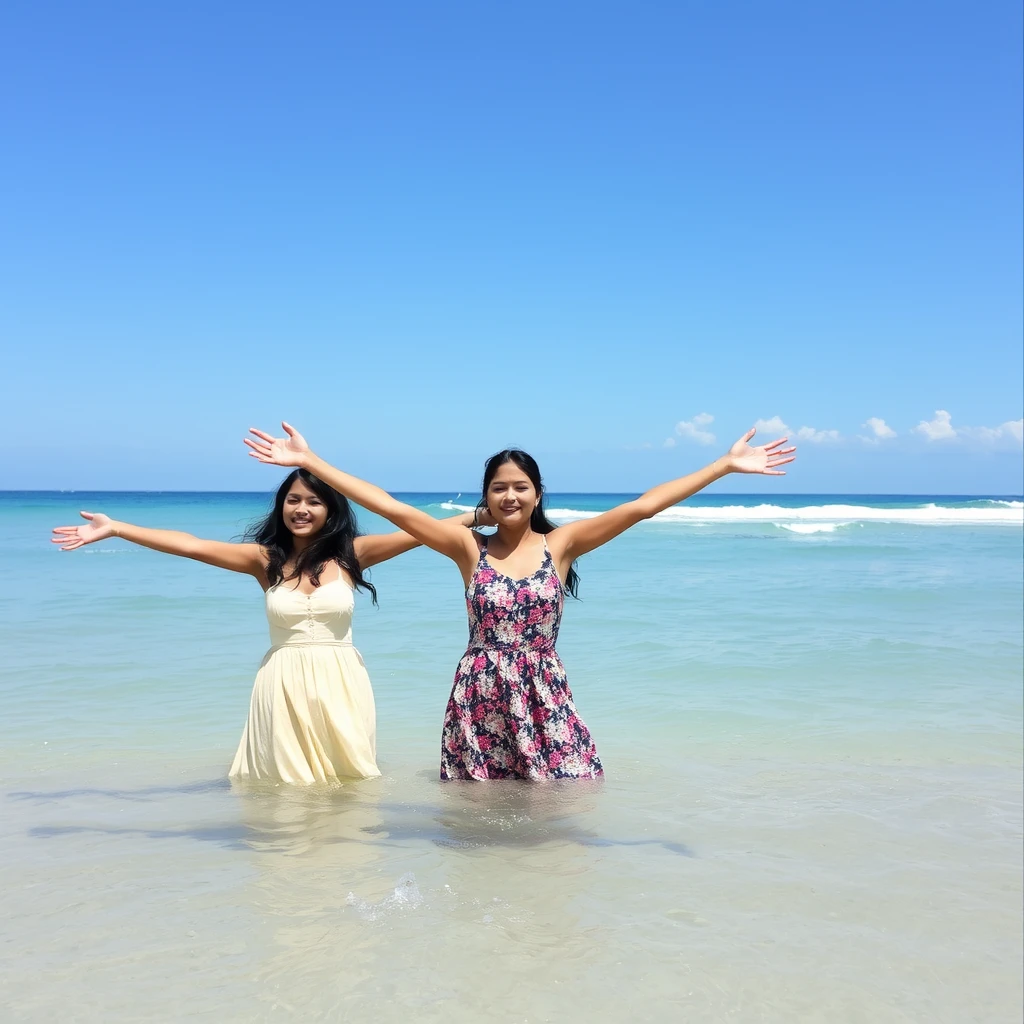 "Three girls in Asia at the seaside with their arms outstretched."