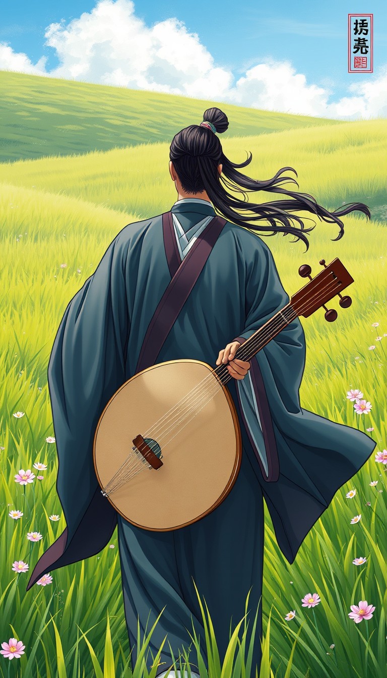 Gong Mingyi, still in his traditional Chinese robes, is walking through lush green fields, carrying his qin. His long flowing hair is tied up in a traditional bun. The surroundings are vibrant with tall grass, blooming flowers, and a clear blue sky, capturing the essence of a tranquil countryside. (illustration style, traditional Chinese art)