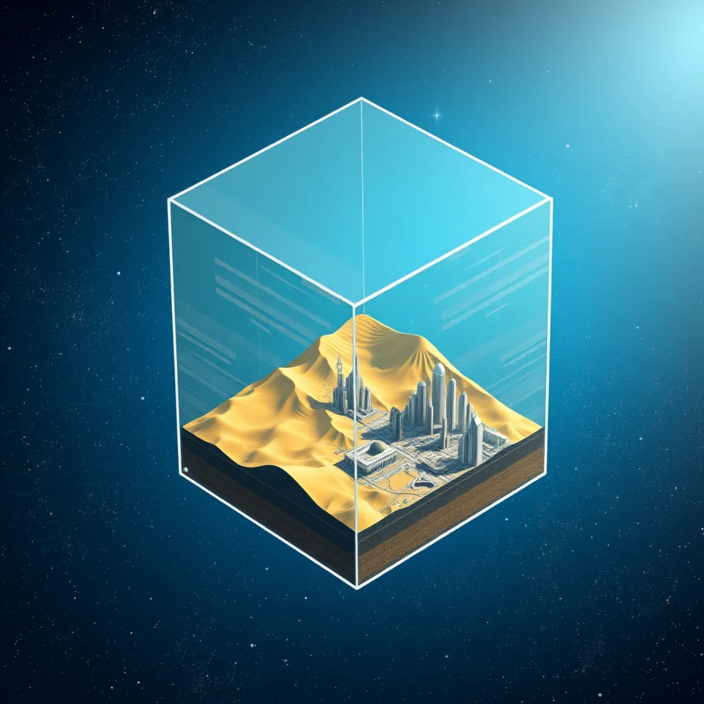 A hyperrealistic, isometric 3D scene featuring a transparent glass cube suspended in a deep, cosmic blue space filled with subtle, shimmering particles. Inside the cube, a meticulously detailed golden landscape unfolds with rolling hills, intricate valleys, and a hidden metropolis of gleaming skyscrapers. The cityscape should have a futuristic, minimalist aesthetic, with clean lines and reflective surfaces. The overall atmosphere is one of serene isolation and technological wonder. - Image