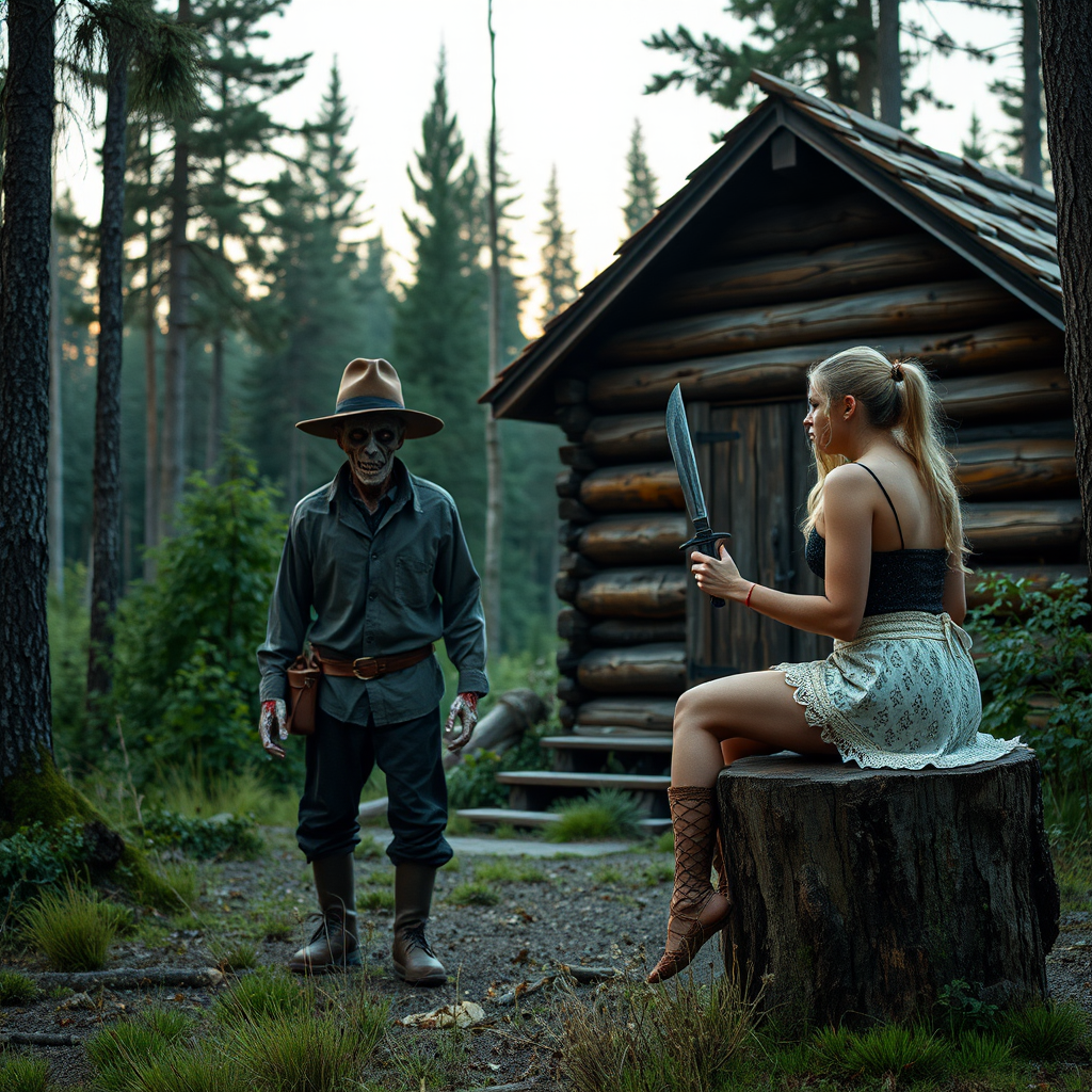 Real-life photography: In the evening, in the forest, there is a wooden cabin, and next to it, there is a dressed zombie wearing a hat. Not far away, a female barbarian is sitting on a wooden stump, holding a dagger and watching the zombie. - Image