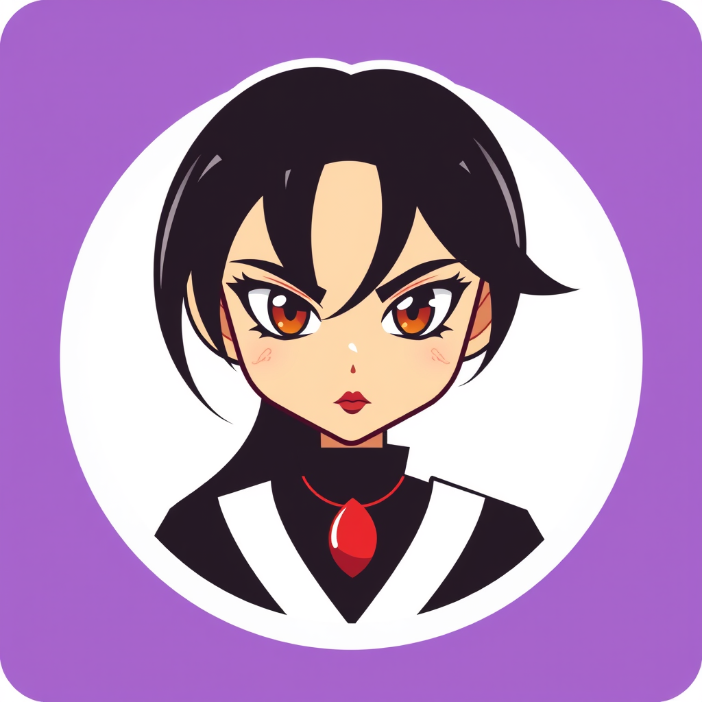 A basic simple vector logo of a beautiful female character with hazel brown eyes, long, dark black hair, wearing a black and white outfit with a red pendant necklace, and a serious face with red lipstick, on a purple background. - Image