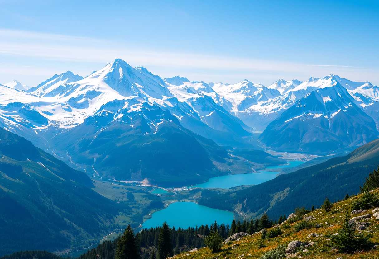 Majestic, snow-covered peaks, alpine meadows, serene, high quality, photorealistic, mountain range, crystal-clear lakes, untouched wilderness, panoramic, breathtaking, nature's beauty::0.8 mountaineering, hiking trails, wildflowers, mountaintop vistas, glaciers, fresh mountain air. - Image