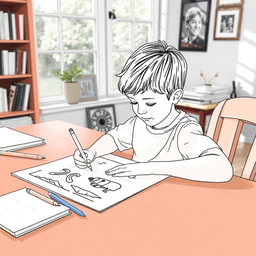 "A child is writing summer vacation homework in the study, outlined in a line drawing."