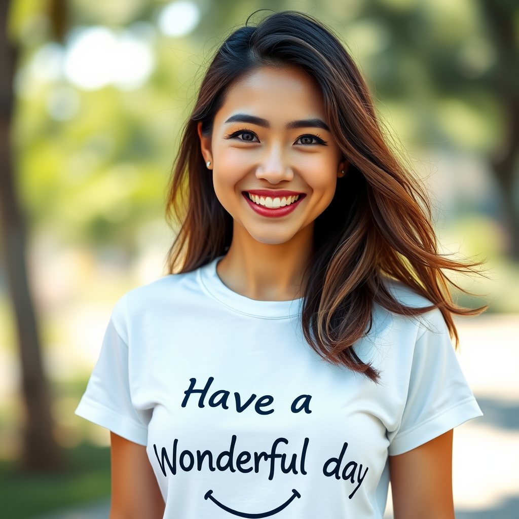 A photorealistic image of a woman wearing a t-shirt with a smiley, and the text: "Have a Wonderful day".