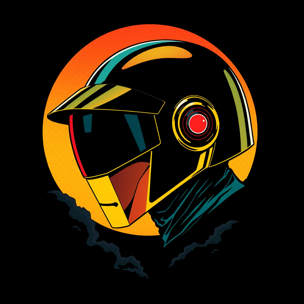 Black gold Daft Punk helmet with a large visor looking to the left, in a vector art style for a poster or T-shirt, featuring a large sun-like circle in yellow and red in the background, layered with dark grey clouds and tetradic color. The design includes black canvas, dark teal accents, and a sinister atmosphere, reminiscent of album art and CD cover artwork. - Image