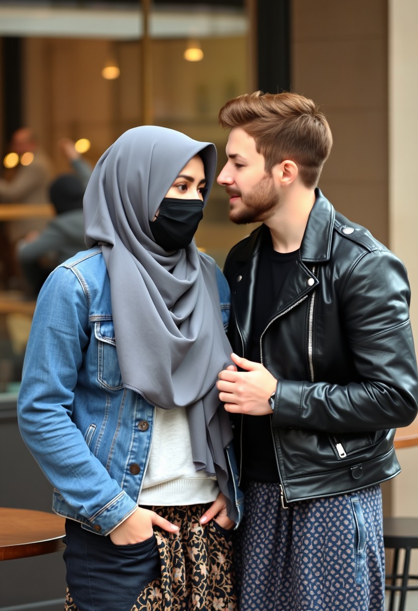 Jamie Dornan’s head and body shot, handsome, black face mask, blue jeans jacket, jeans, dating, love couple with the biggest grey hijab, Muslim girl, beautiful eyes, black face mask, black leather jacket, biggest patterned skirt, talking at a cafe, photorealistic.